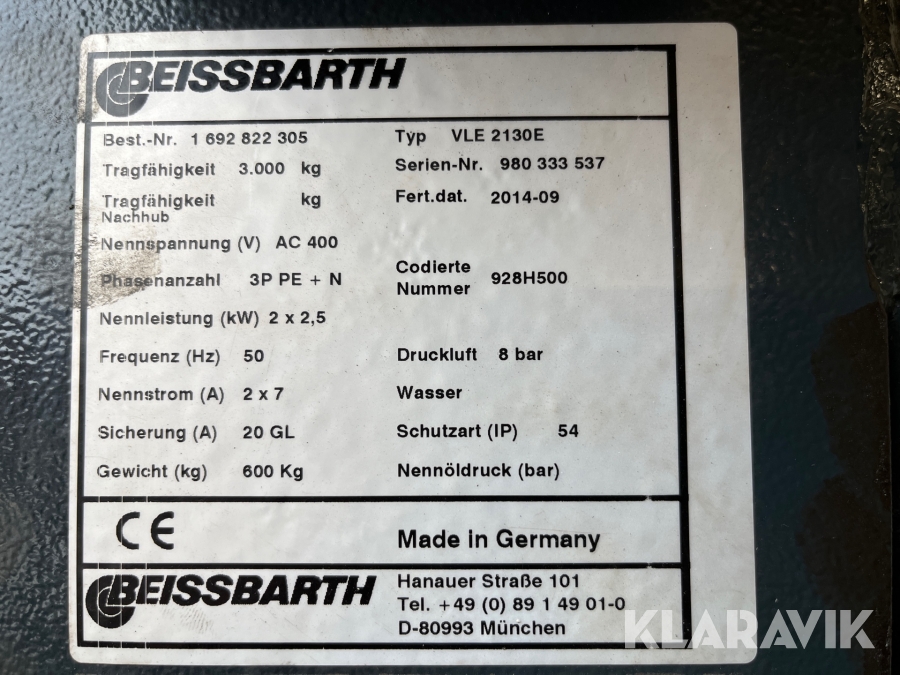 Billyft Beissbarth VLE 2130E 2-pelarlyft 3000kg