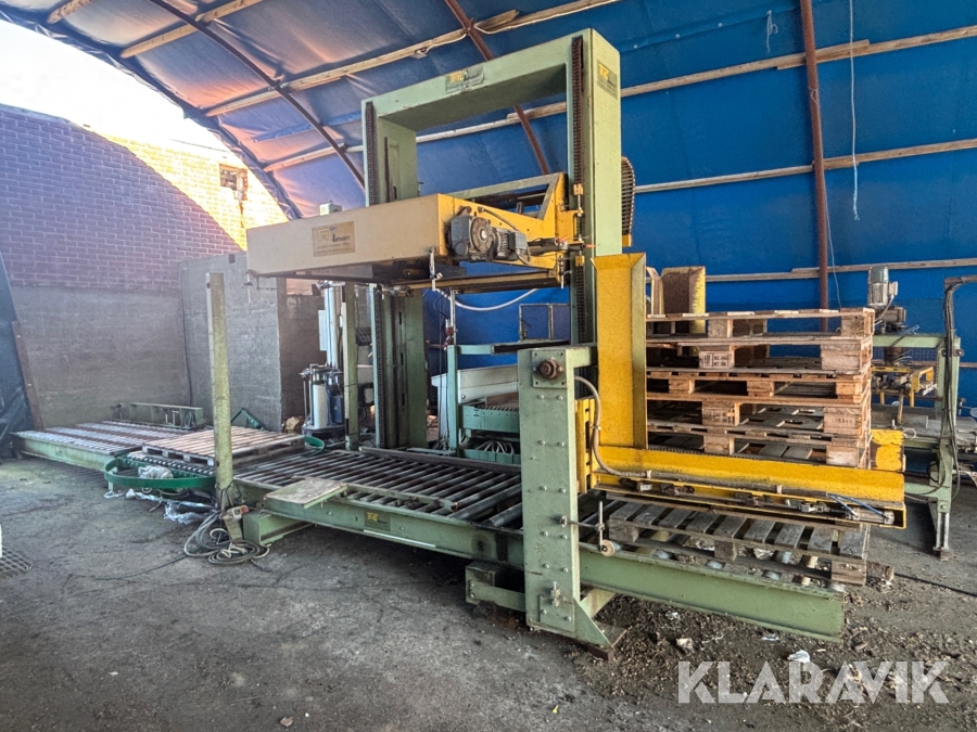 Paketeringsanläggning TMG SIRIO 1 S 80 - Med transportband / rullband, telfer / säckfixeringsmaskin och pallastare