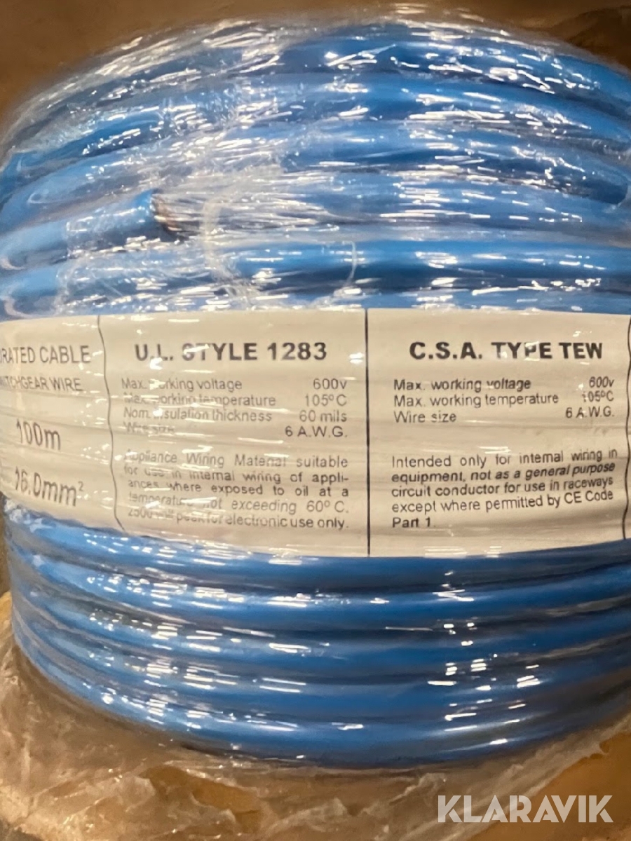 Parti med kabel Tri-rated Switchgear wire 100m, 16mm^2 - U.L. Style 1283 - BLUE