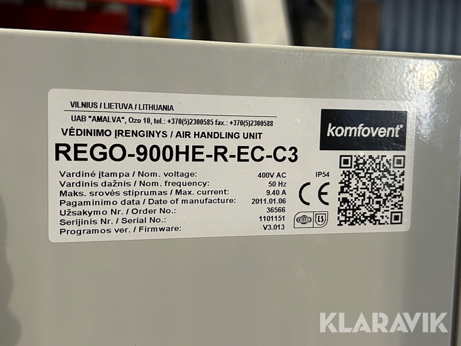 Ventilationsaggregat Komfovent Rego-900HE-R-EC-C3, Uddevalla