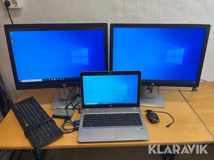 Laptop, dockningsenhet, 2st extern 24 tumsskärm HP