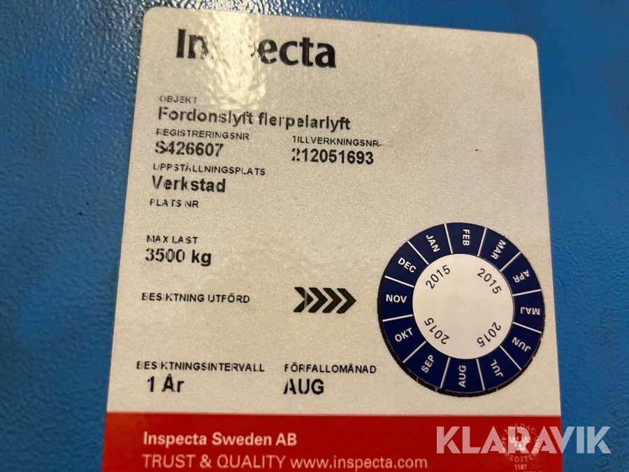 Tvåpelarlyft Twin Busch TW 3500, Vaggeryd, Klaravik auktion