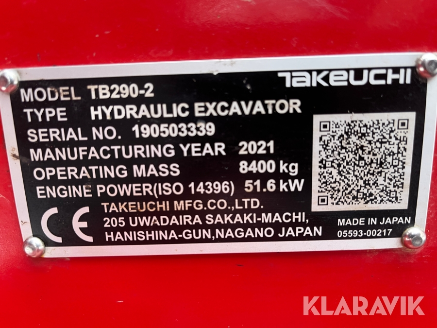 Grävmaskin Takeuchi TB290-2 med redskap
