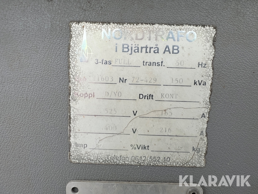 Transformator Nordtrafo 150KVA 500/ 400v