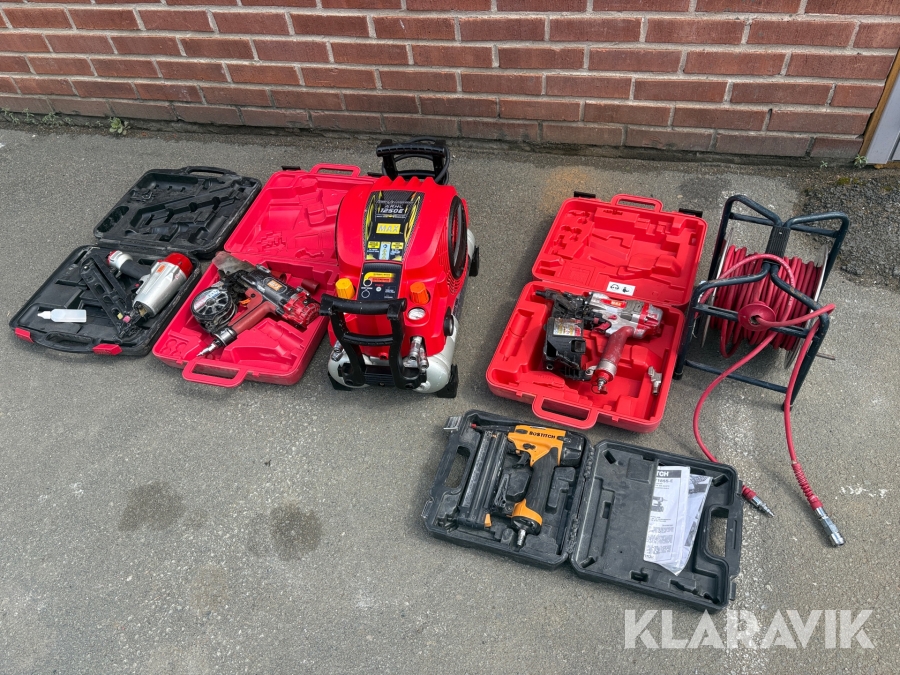 Kompressor, slangvinda och 4 st spikpistoler Max
