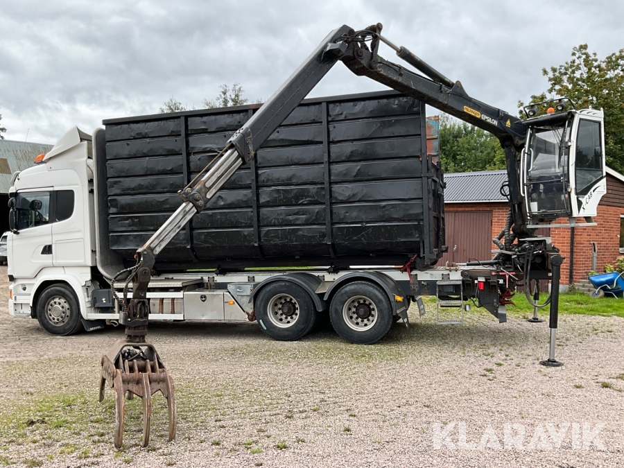 Timmerbil Scania R580LB 6X4HNB med kran Palfinger Epsilon + balja och bankar