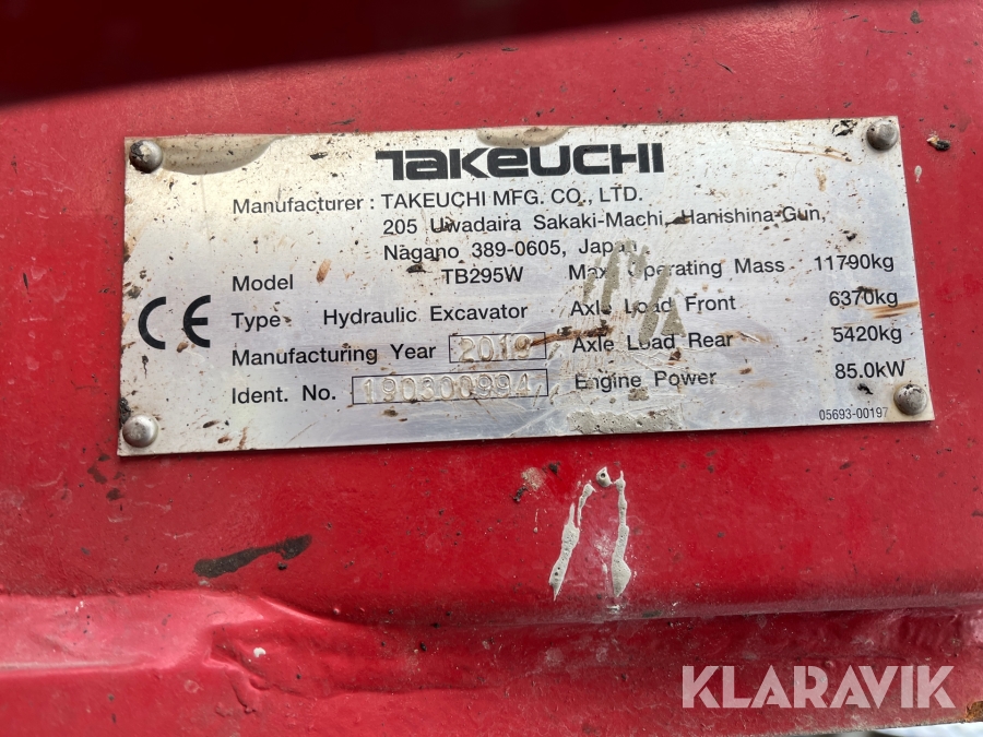 Hjulgrävare Takeuchi TB295W med redskap