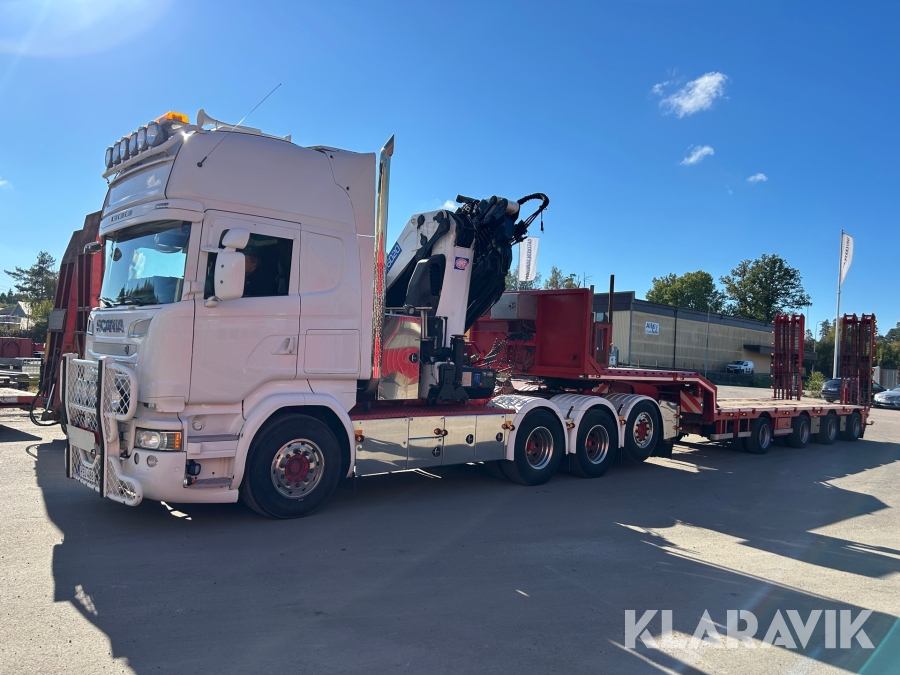 Trailerdragare Scania R730 med kran 30 m, flak & trailer
