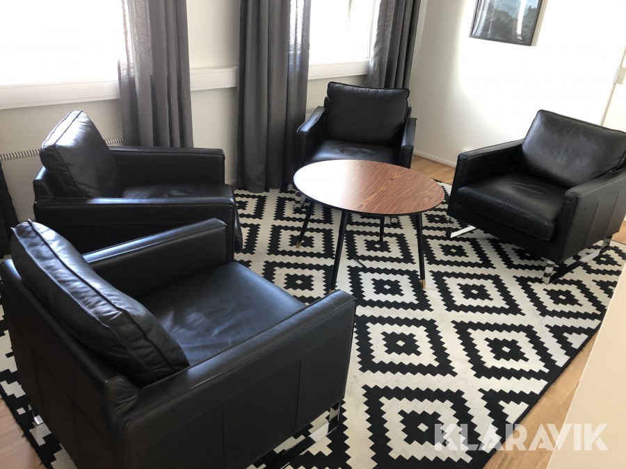 Mötesrum Skinnmöbler låga, bord, förvaring, matta 