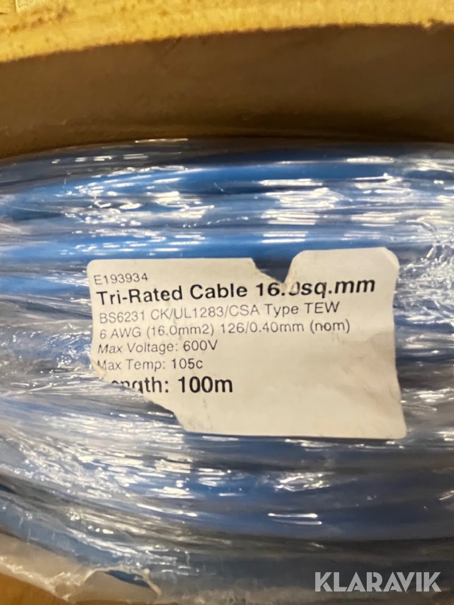 Parti med kabel Tri-rated Switchgear wire 100m, 16mm^2 - U.L. Style 1283 - BLUE