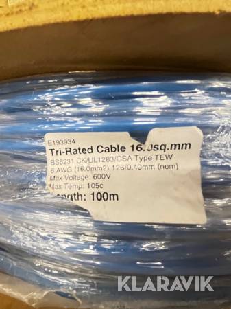 Parti med kabel Tri-rated Switchgear wire 100m, 16mm^2 - U.L. Style 1283 - BLUE