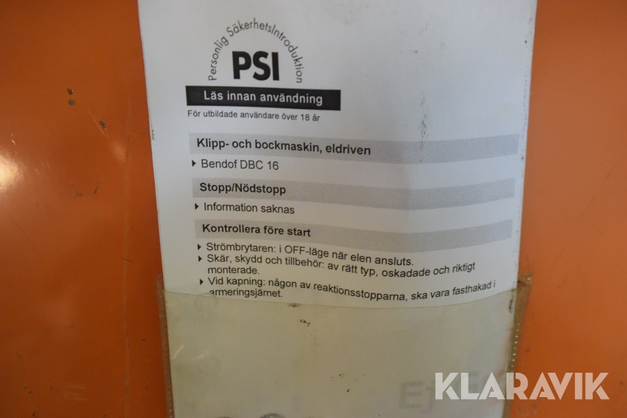 Klaravik Auktioner Klipp & Bockmaskin Bendof DBC 16