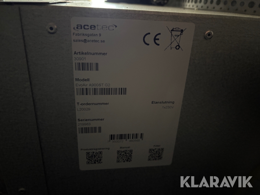 Ventilationssystem Acetec EvoAir A900ST G2, Karlsborg, Klara