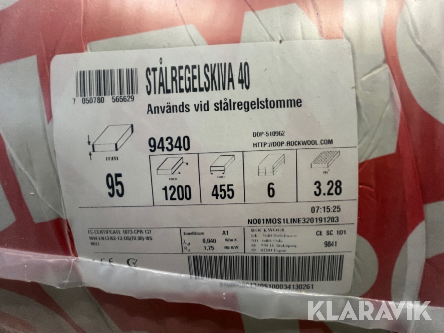 Isolering Rockwool Stålregelskiva 95mm 455x1200mm, Vaggeryd,