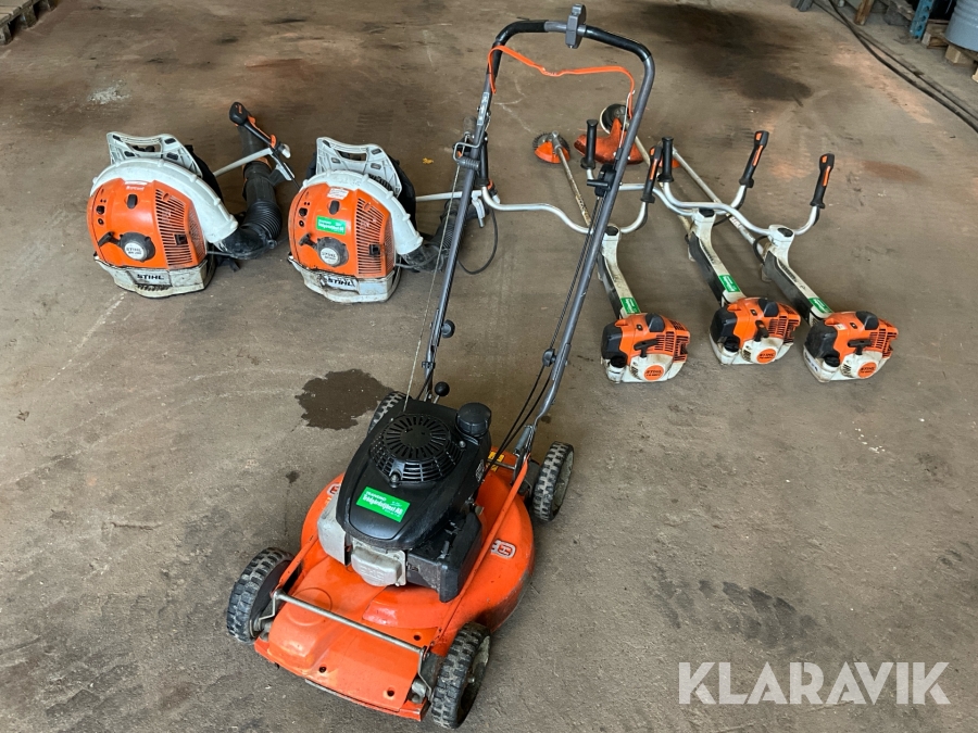 Paket med lövblås, röjsågar, gräsklippare Stihl, Husqvarna
