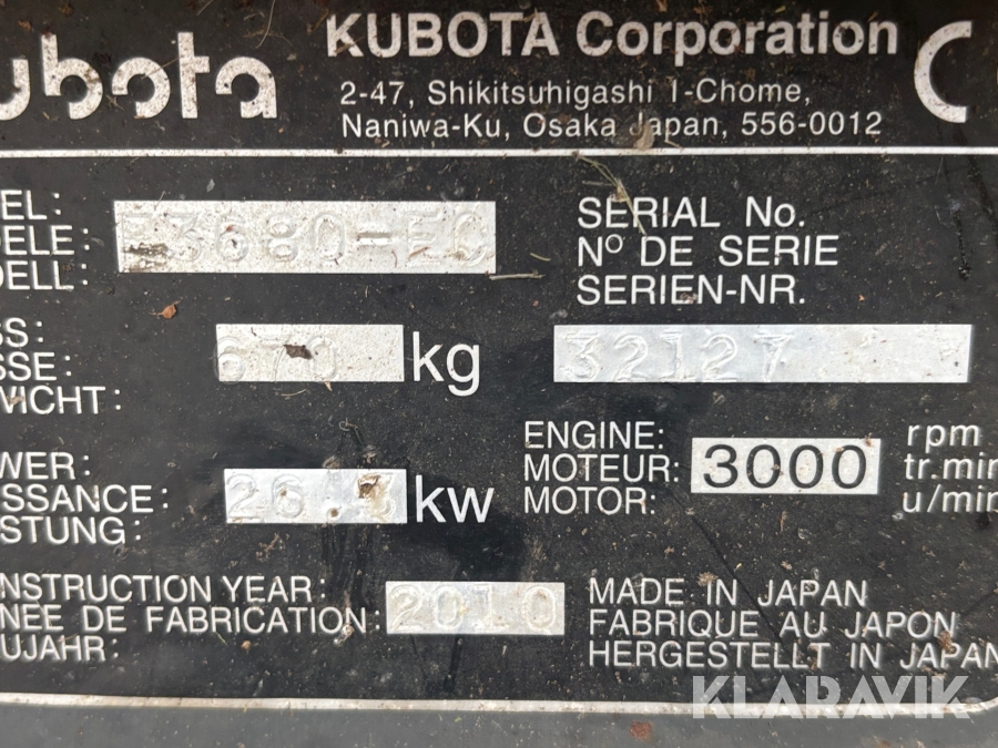 Åkgräsklippare Kubota F 3680EC Med plog