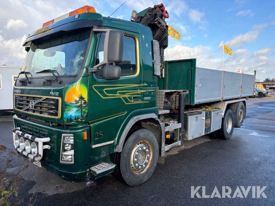 Kranbil med tippflak Volvo FM12 380 nybesiktigad