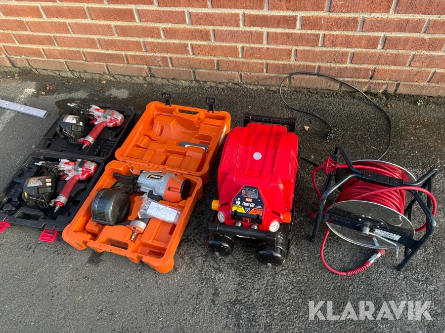 Kompressor, slangvinda och 3 st spikpistoler Max / Paslode AKHL 1260 (CE)