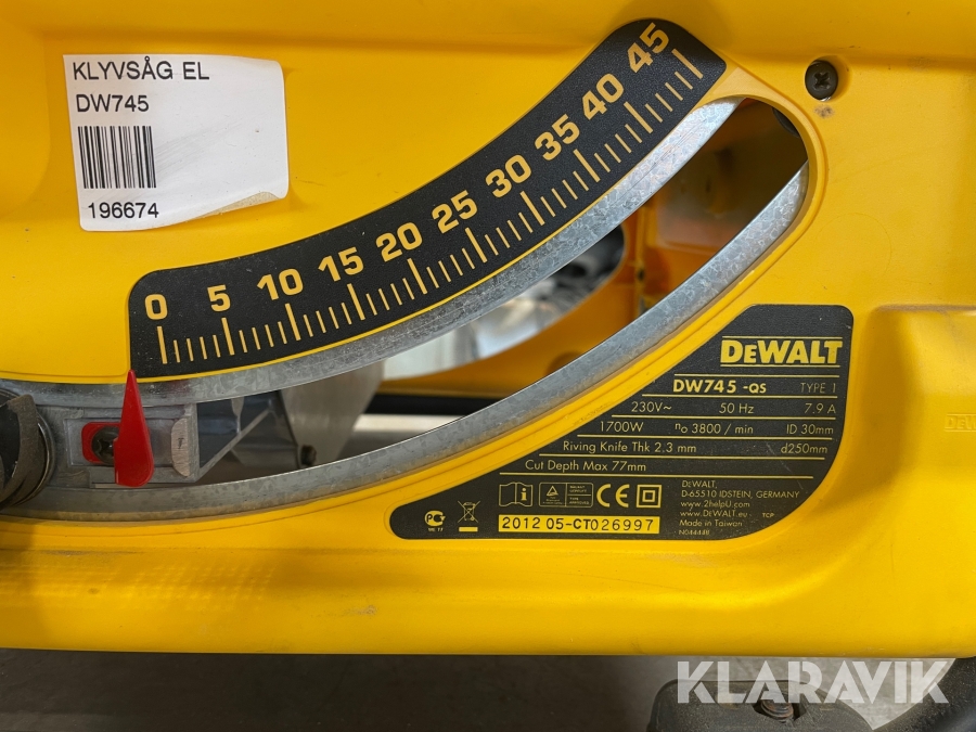 Klyvsåg DeWalt DW745, Svalöv, Klaravik auktioner