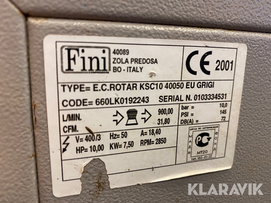 Kompressor Fini Rotar KSC 10, Stockholm, Klaravik auktioner