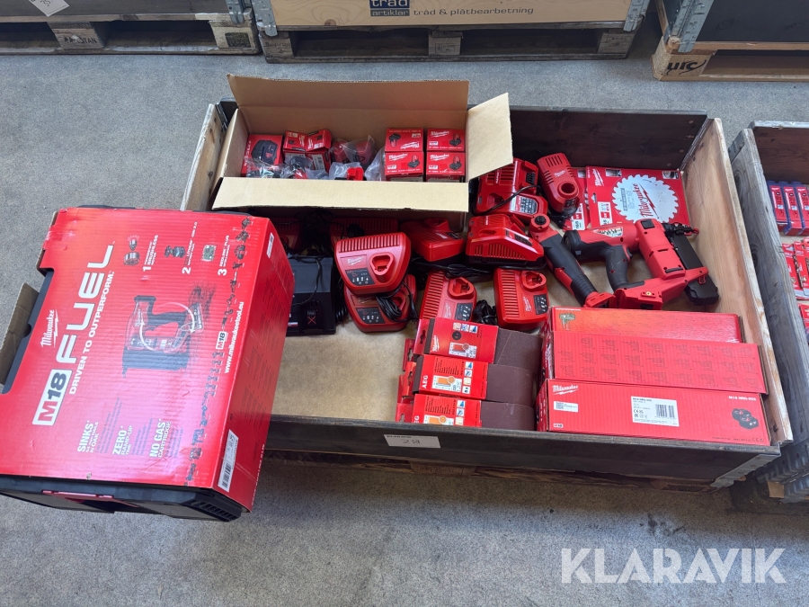 Parti med handverktyg och laddare Milwaukee