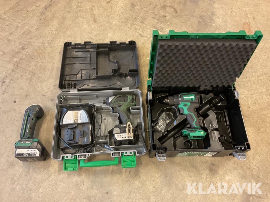 Parti med borrmaskin, skruvdragare och lampa Hikoki