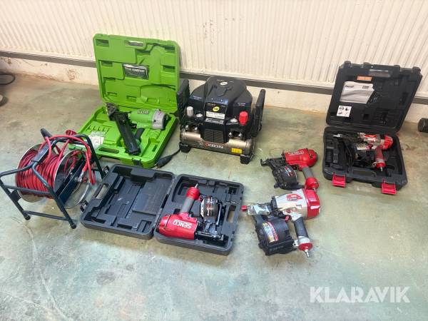 Kompressor, slangvinda och 5 st spikpistoler Tjep/ Senco / Edgefast / Max
